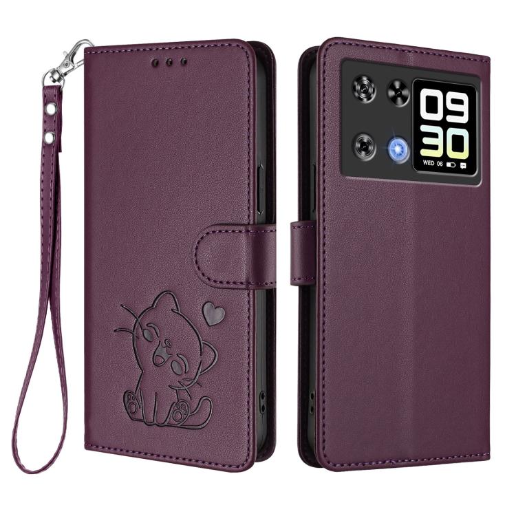 For Cubot P90 Embossed Heart Cat Leather Phone Case with Hand Strap