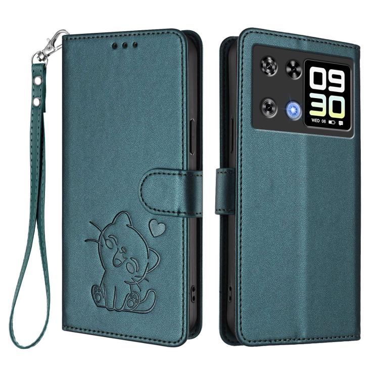 For Cubot P90 Embossed Heart Cat Leather Phone Case with Hand Strap