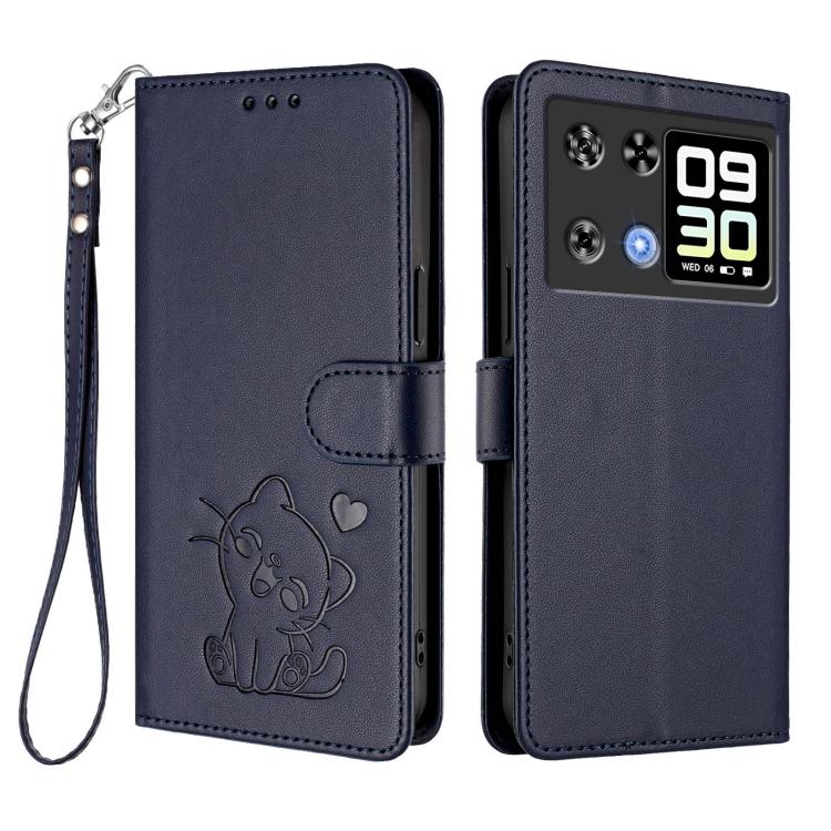 For Cubot P90 Embossed Heart Cat Leather Phone Case with Hand Strap