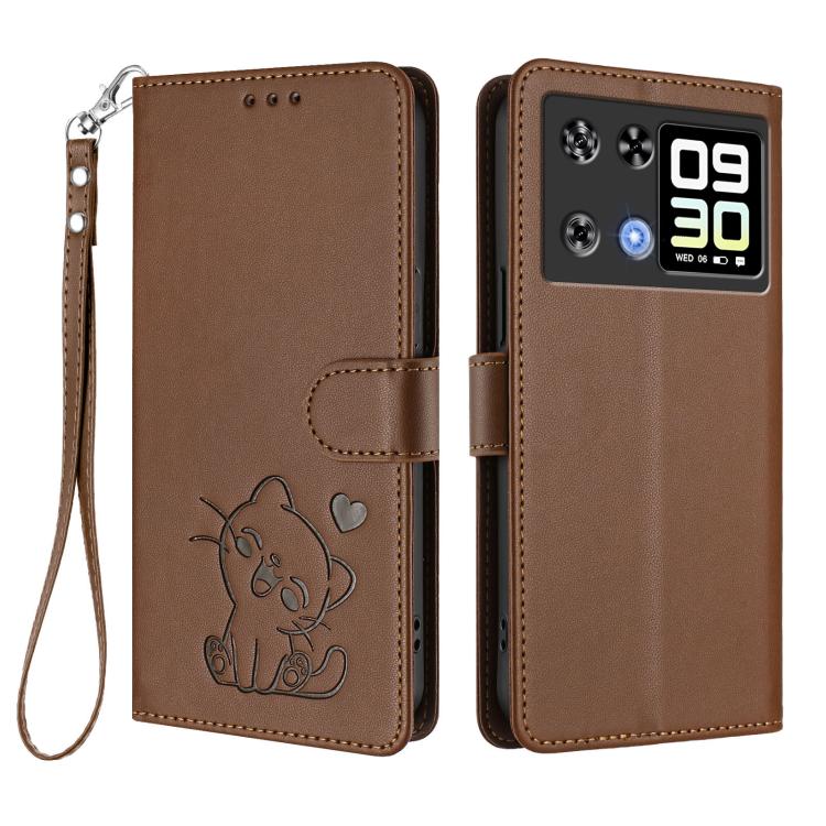 For Cubot P90 Embossed Heart Cat Leather Phone Case with Hand Strap