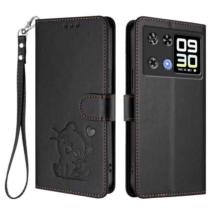 For Cubot P90 Embossed Heart Cat Leather Phone Case with Hand Strap