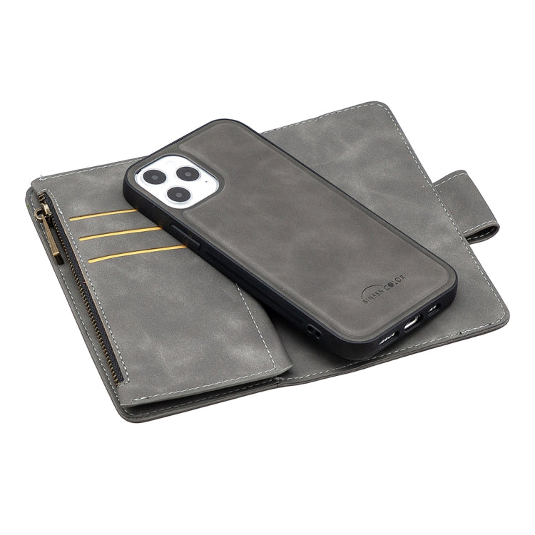 For iPhone 12 / 12 Pro Skin Feel Detachable Magnetic Zipper Horizontal Flip PU Leather Case with Multi-Card Slots & Holder & Wallet & Photo Frame & Lanyard
