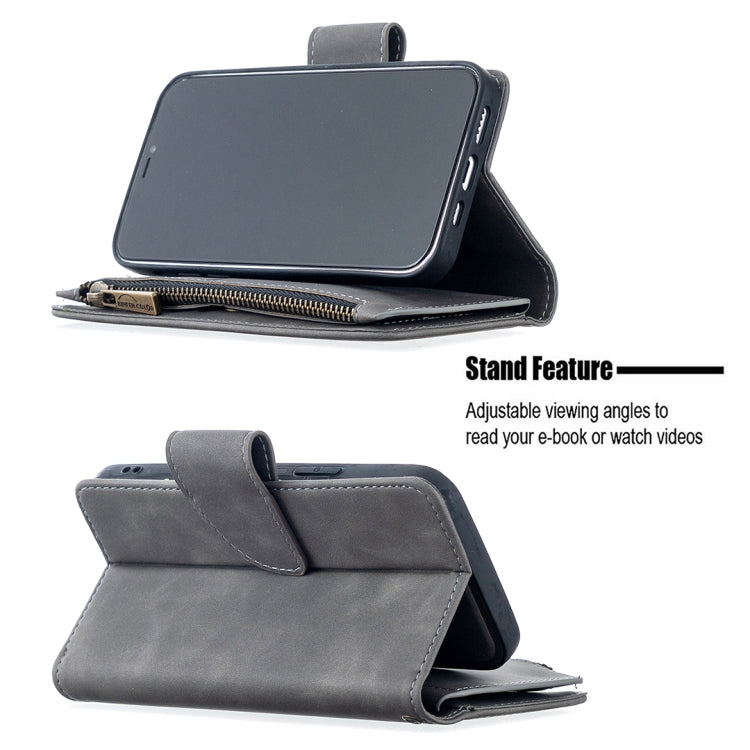 For iPhone 12 / 12 Pro Skin Feel Detachable Magnetic Zipper Horizontal Flip PU Leather Case with Multi-Card Slots & Holder & Wallet & Photo Frame & Lanyard