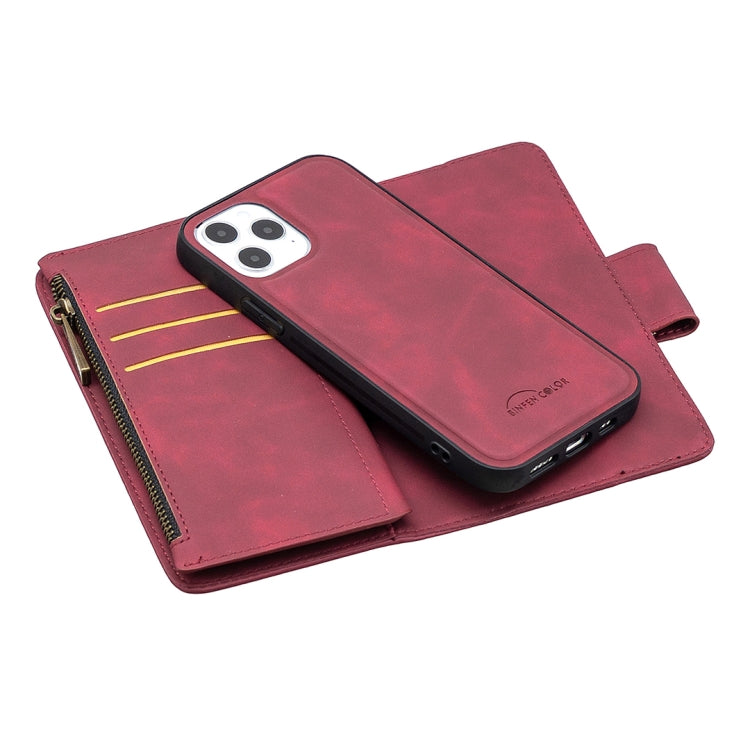 For iPhone 12 / 12 Pro Skin Feel Detachable Magnetic Zipper Horizontal Flip PU Leather Case with Multi-Card Slots & Holder & Wallet & Photo Frame & Lanyard