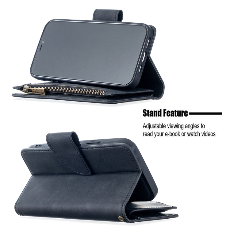 For iPhone 12 / 12 Pro Skin Feel Detachable Magnetic Zipper Horizontal Flip PU Leather Case with Multi-Card Slots & Holder & Wallet & Photo Frame & Lanyard
