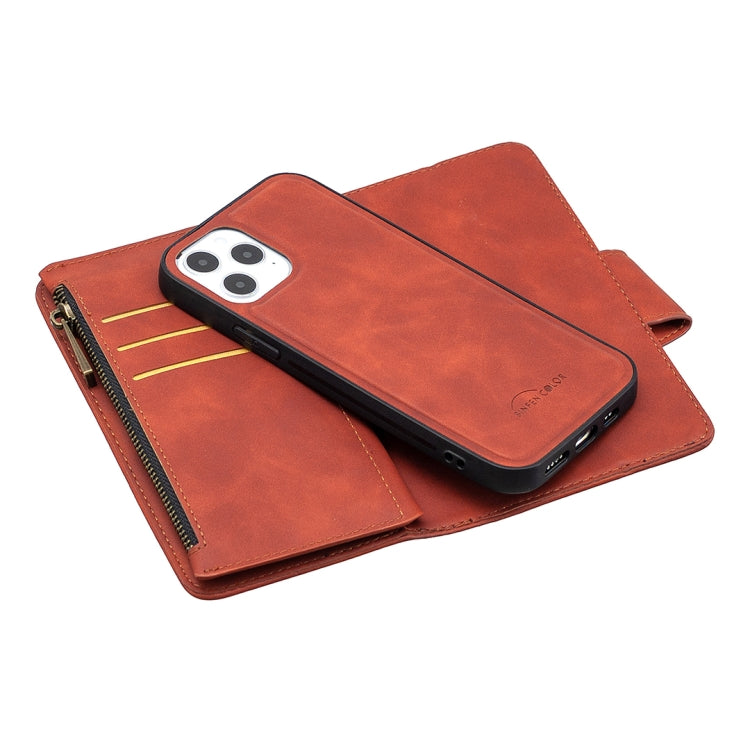 For iPhone 12 / 12 Pro Skin Feel Detachable Magnetic Zipper Horizontal Flip PU Leather Case with Multi-Card Slots & Holder & Wallet & Photo Frame & Lanyard