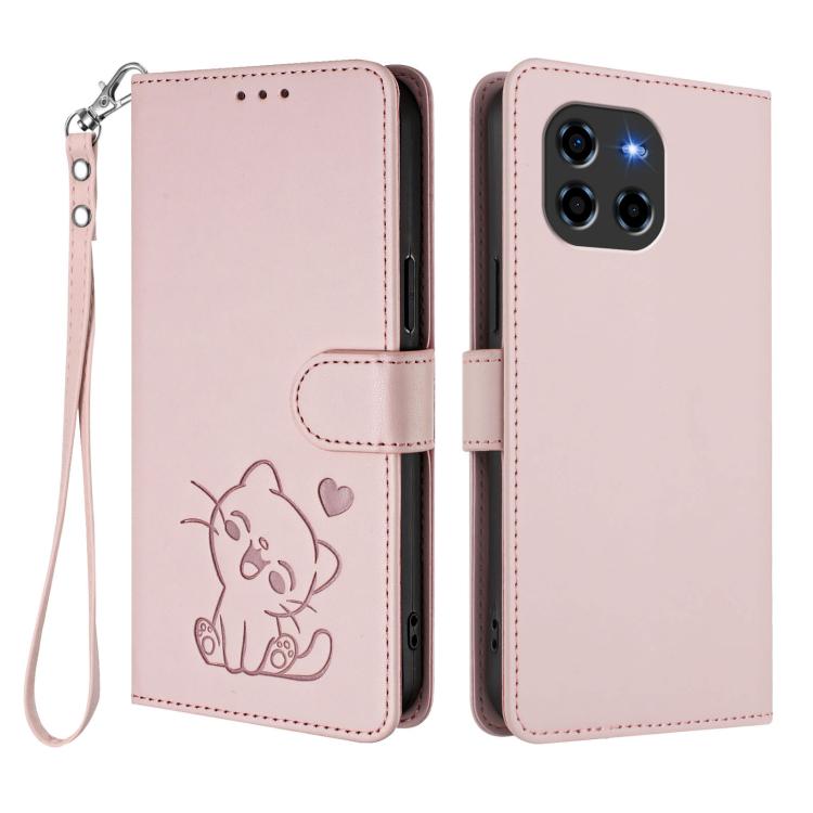 For Doogee Blade GT Embossed Heart Cat Leather Phone Case with Hand Strap