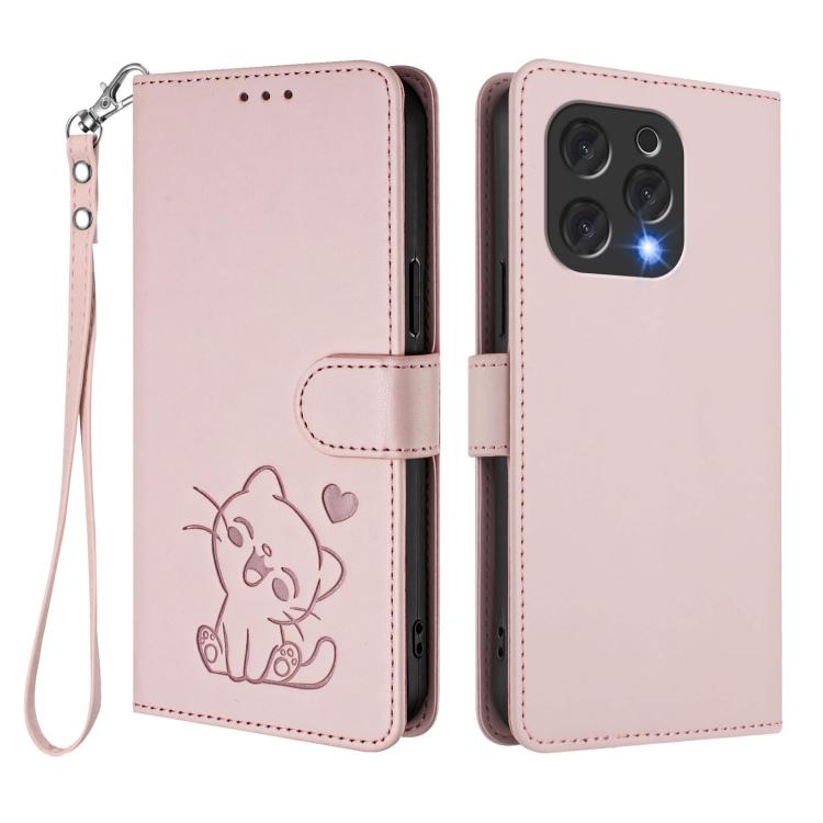 For Doogee N55 / N55 Plus Embossed Heart Cat Leather Phone Case with Hand Strap