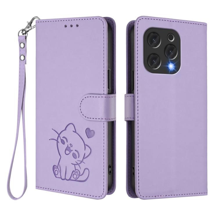For Doogee N55 / N55 Plus Embossed Heart Cat Leather Phone Case with Hand Strap