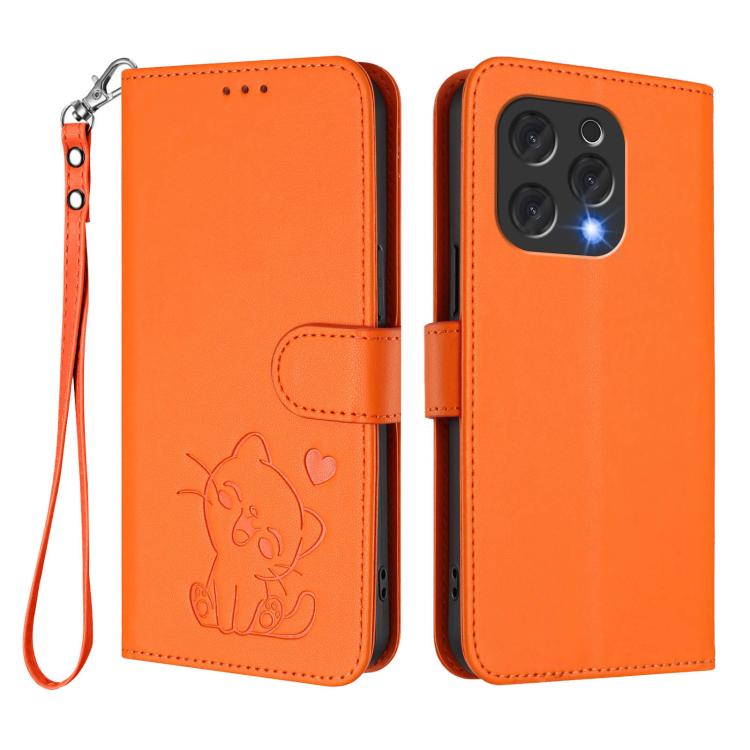 For Doogee N55 / N55 Plus Embossed Heart Cat Leather Phone Case with Hand Strap