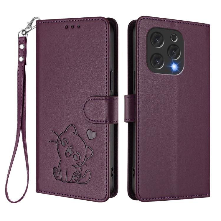 For Doogee N55 / N55 Plus Embossed Heart Cat Leather Phone Case with Hand Strap