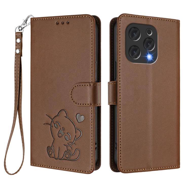 For Doogee N55 / N55 Plus Embossed Heart Cat Leather Phone Case with Hand Strap