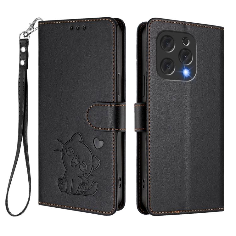 For Doogee N55 / N55 Plus Embossed Heart Cat Leather Phone Case with Hand Strap
