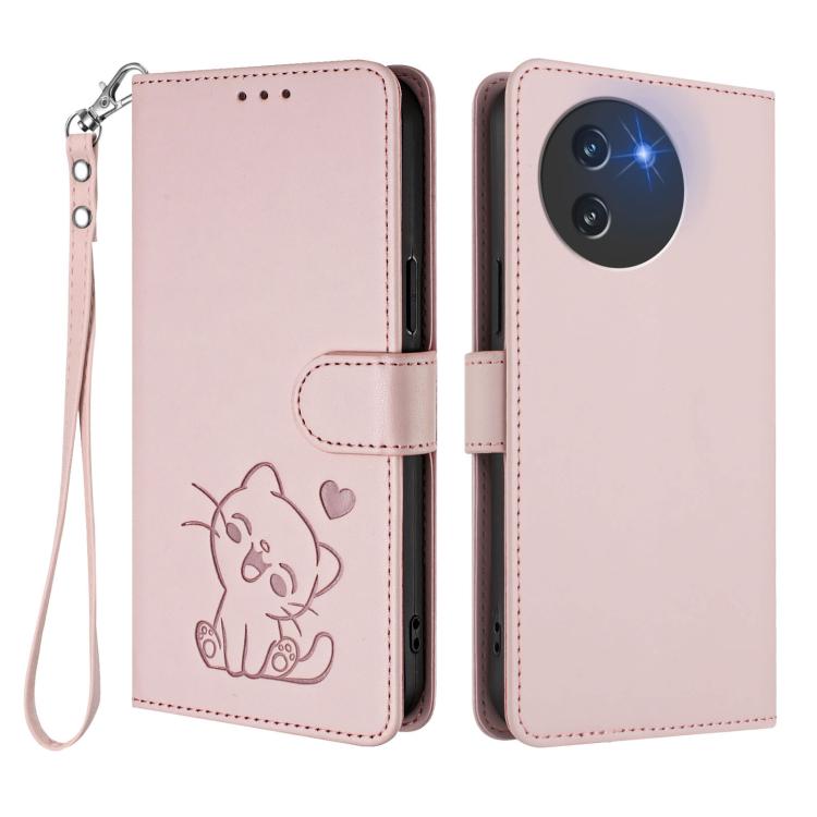 For Doogee Note 59 / Note 59 Pro Embossed Heart Cat Leather Phone Case with Hand Strap
