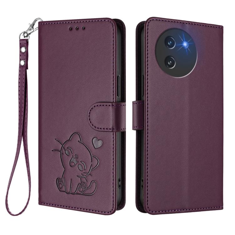 For Doogee Note 59 / Note 59 Pro Embossed Heart Cat Leather Phone Case with Hand Strap