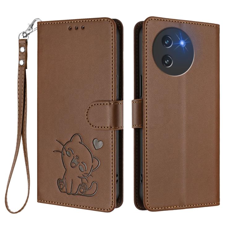 For Doogee Note 59 / Note 59 Pro Embossed Heart Cat Leather Phone Case with Hand Strap