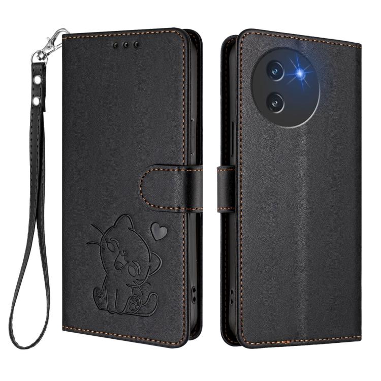 For Doogee Note 59 / Note 59 Pro Embossed Heart Cat Leather Phone Case with Hand Strap