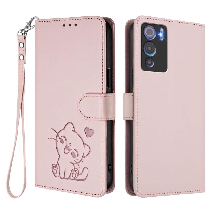 For Doogee N60 Pro Embossed Heart Cat Leather Phone Case with Hand Strap