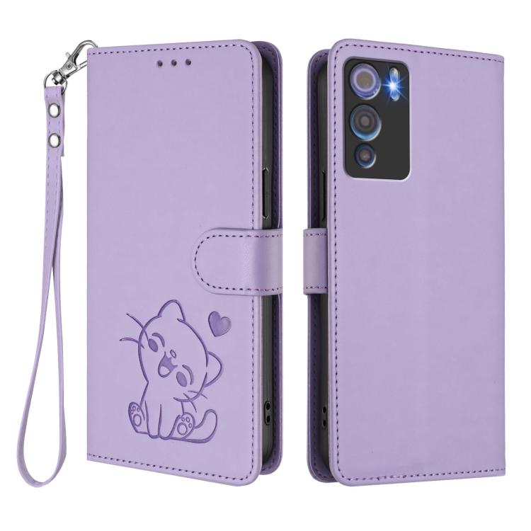For Doogee N60 Pro Embossed Heart Cat Leather Phone Case with Hand Strap