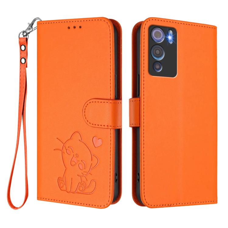 For Doogee N60 Pro Embossed Heart Cat Leather Phone Case with Hand Strap