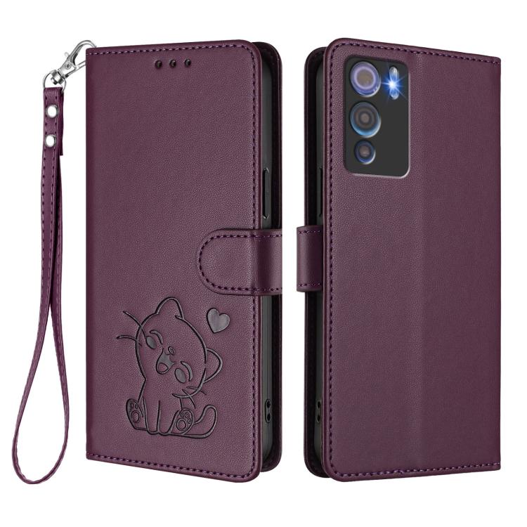 For Doogee N60 Pro Embossed Heart Cat Leather Phone Case with Hand Strap
