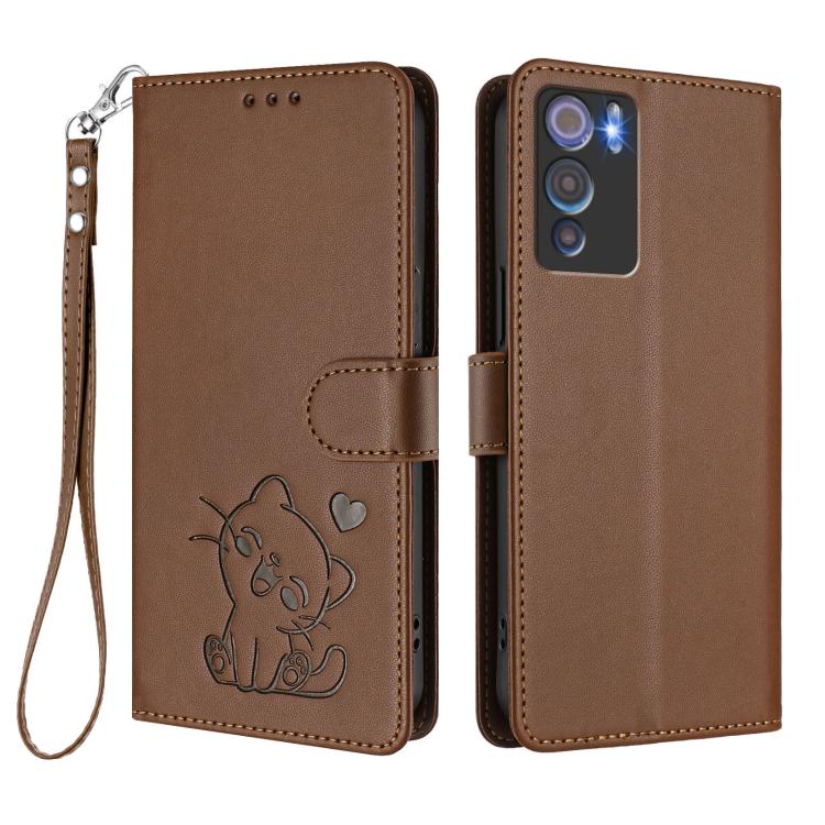For Doogee N60 Pro Embossed Heart Cat Leather Phone Case with Hand Strap