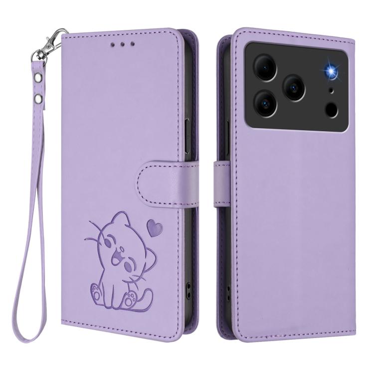 For Doogee Note 56 / Note 56 Pro Embossed Heart Cat Leather Phone Case with Hand Strap