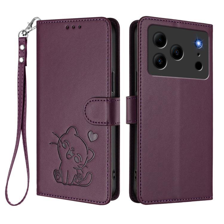 For Doogee Note 56 / Note 56 Pro Embossed Heart Cat Leather Phone Case with Hand Strap