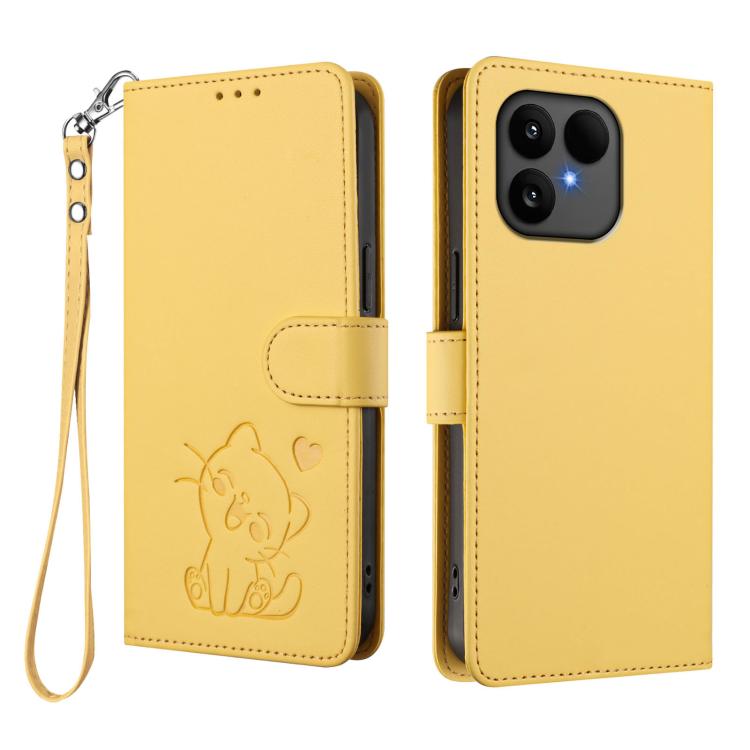 For Fairphone 6 Embossed Heart Cat Leather Phone Case with Hand Strap