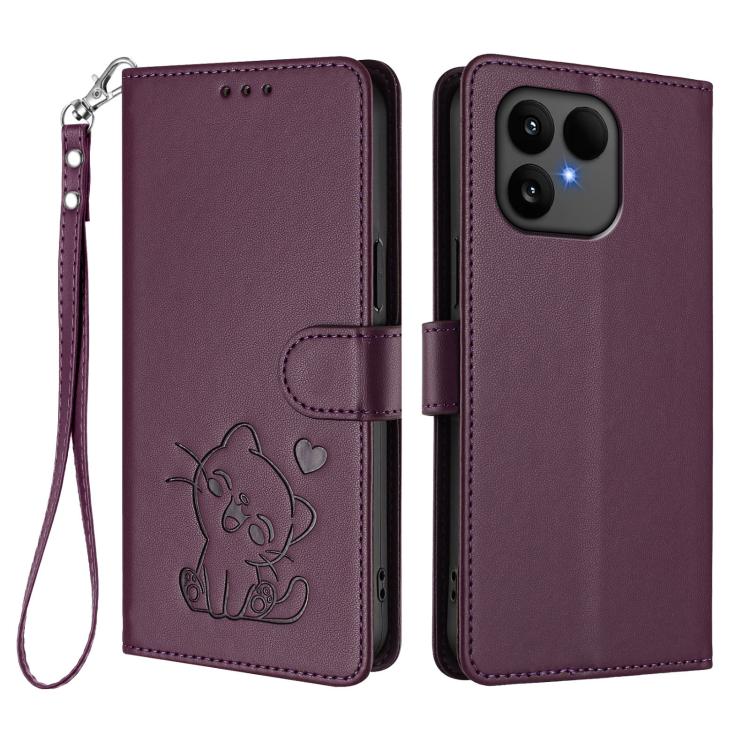 For Fairphone 6 Embossed Heart Cat Leather Phone Case with Hand Strap