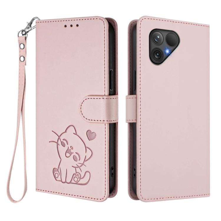 For Fairphone 5 Embossed Heart Cat Leather Phone Case with Hand Strap