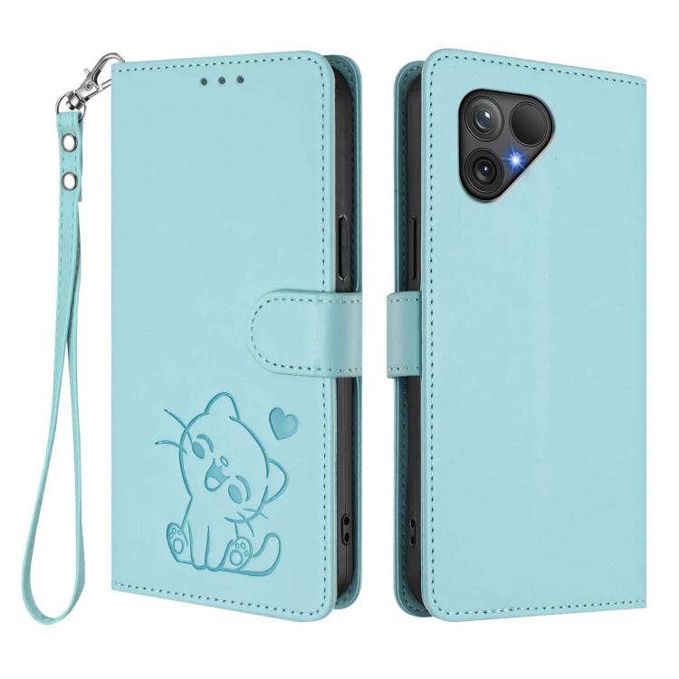 For Fairphone 5 Embossed Heart Cat Leather Phone Case with Hand Strap