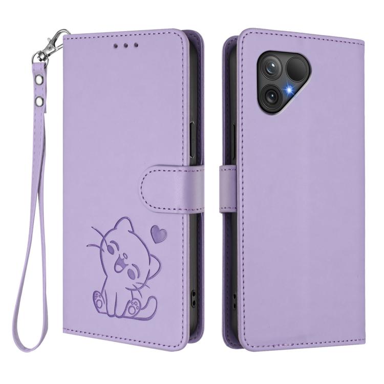 For Fairphone 5 Embossed Heart Cat Leather Phone Case with Hand Strap