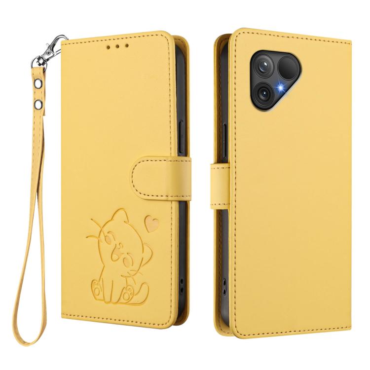For Fairphone 5 Embossed Heart Cat Leather Phone Case with Hand Strap