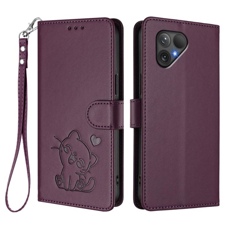 For Fairphone 5 Embossed Heart Cat Leather Phone Case with Hand Strap
