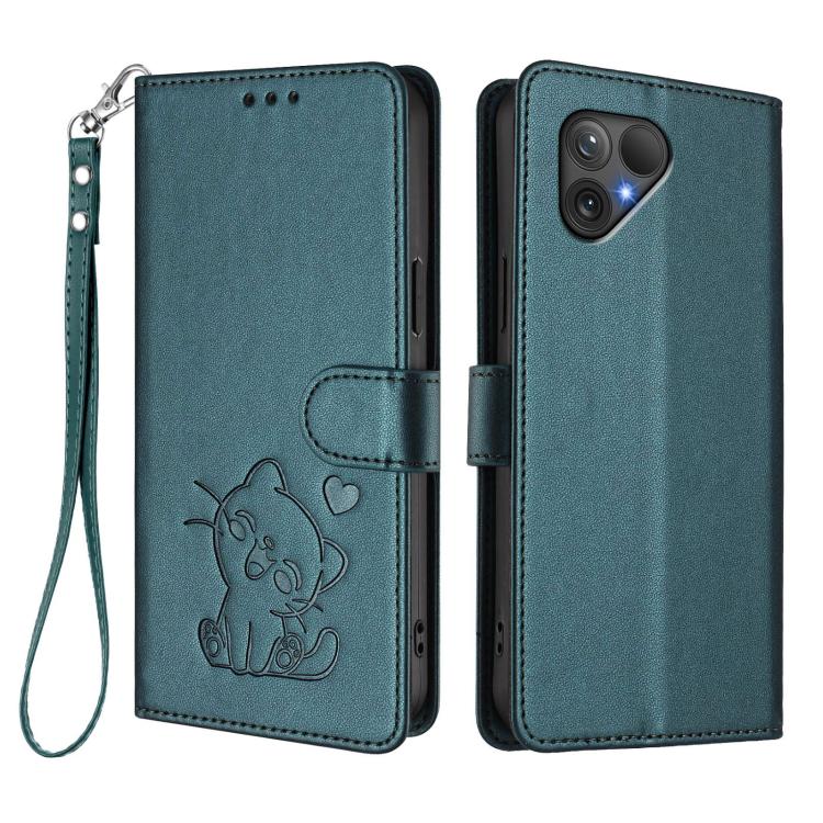For Fairphone 5 Embossed Heart Cat Leather Phone Case with Hand Strap