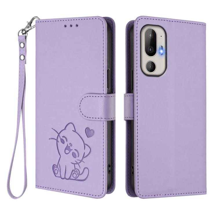 For HTC U24 Pro Embossed Heart Cat Leather Phone Case with Hand Strap