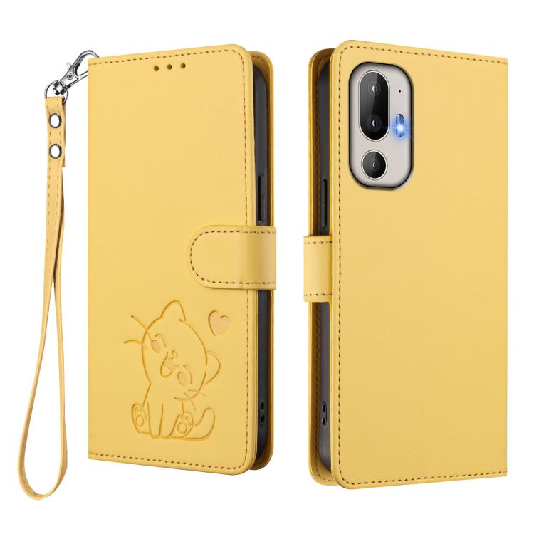 For HTC U24 Pro Embossed Heart Cat Leather Phone Case with Hand Strap