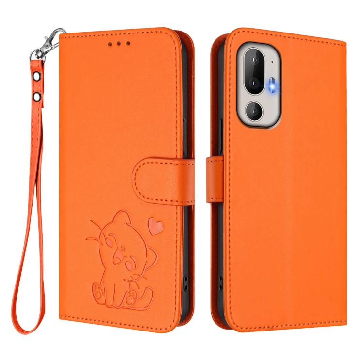 For HTC U24 Pro Embossed Heart Cat Leather Phone Case with Hand Strap