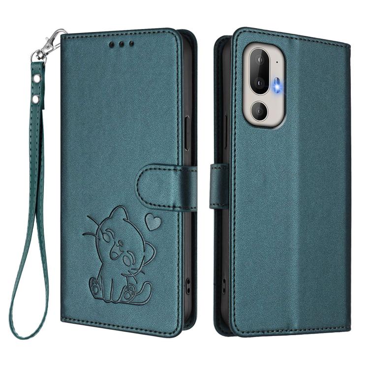 For HTC U24 Pro Embossed Heart Cat Leather Phone Case with Hand Strap