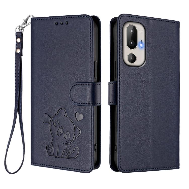 For HTC U24 Pro Embossed Heart Cat Leather Phone Case with Hand Strap