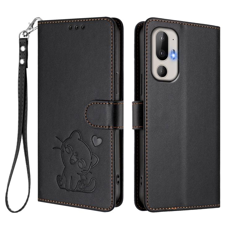 For HTC U24 Pro Embossed Heart Cat Leather Phone Case with Hand Strap