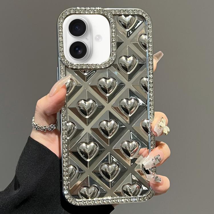 For iPhone 16 Plus Electroplated Heart 3D Embossed Diamond TPU Phone Case