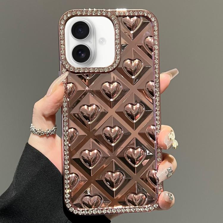 For iPhone 16 Plus Electroplated Heart 3D Embossed Diamond TPU Phone Case