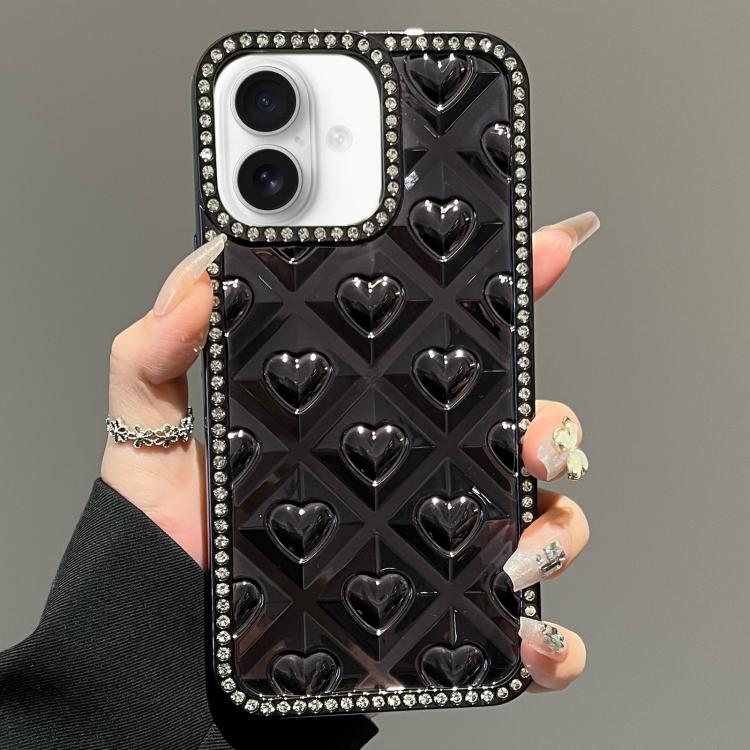 For iPhone 16 Plus Electroplated Heart 3D Embossed Diamond TPU Phone Case