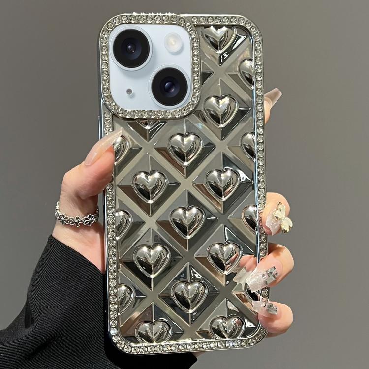 For iPhone 15 Plus Electroplated Heart 3D Embossed Diamond TPU Phone Case