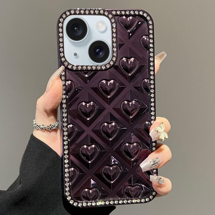 For iPhone 15 Electroplated Heart 3D Embossed Diamond TPU Phone Case