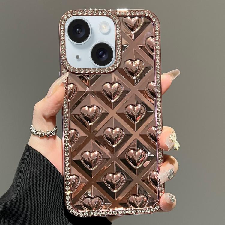 For iPhone 15 Electroplated Heart 3D Embossed Diamond TPU Phone Case