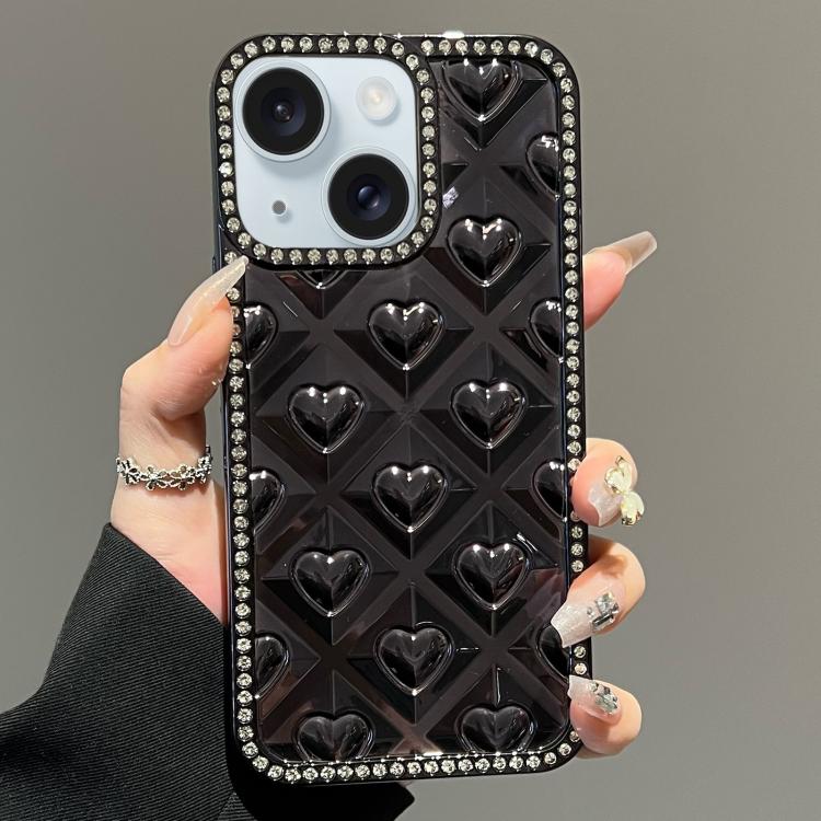 For iPhone 15 Electroplated Heart 3D Embossed Diamond TPU Phone Case