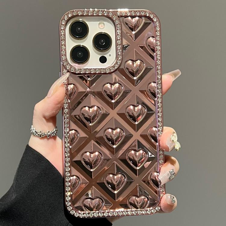 For iPhone 14 Pro Electroplated Heart 3D Embossed Diamond TPU Phone Case